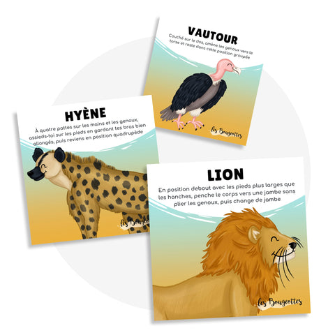 Jeu de cartes sur le thème des animaux de la savane pour créer des routines de relaxation pour le retour au calme chez les jeunes.