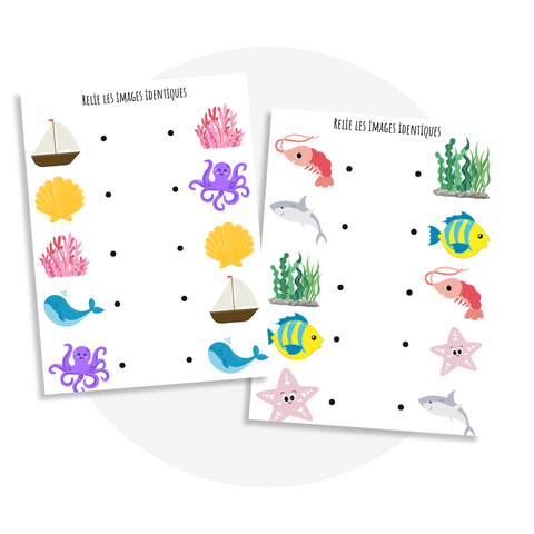 Fiches d’activités Bougeottes du monde marin avec jeu éducatif "Relie les images identiques" illustrant poissons, pieuvre, coquillage, bateau et algues.