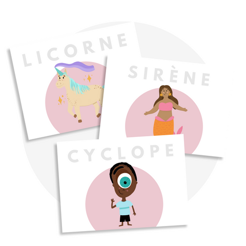 Activité éducative à imprimer pour enfants : feuilles de préécriture avec créatures fantastiques (licorne, sirène, cyclope) pour développer la motricité fine