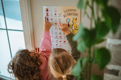 Affiche des émotions accompagnées de leurs aspects physiologiques dans un salon lumineux avec de enfants qui pointe leur doigt sur l'affiche