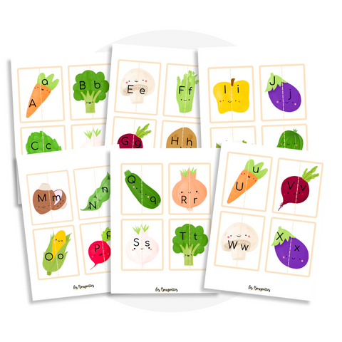 Activité à imprimer pour enfant 4 ans et plus pour aider à associer les lettres majuscules et minuscules sous forme de casse-têtes de deux morceaux sur le thème des légumes (aubergine, patate, mais, brocoli)
