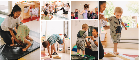 Montage de photo d'une animatrice qui anime un atelier de gymnastique avec les enfants dans une garderie.