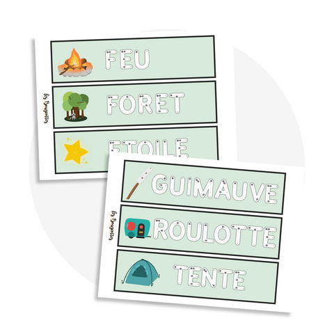 activité à imprimer éducative pour les enfants petite enfance et préscolaire d'un atelier d'écriture sur le camping