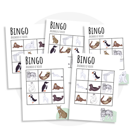 Activité à imprimer pour enfant 4 ans et plus : jeu bingo pour stimuler la mémoire et renforcer les compétences sociales sur le thème des animaux polaires (macareux, ours, lynx, loutre, loup, phoque, morse, pingouin, titre)