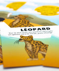 Carte d’apprentissage bilingue relaxation savane (léopard) dès 2 ans pour yoga et pauses actives calme.