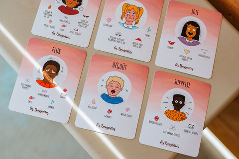Fiches explicatives des émotions primaires dans les cartes de yoga pour enfants de Les Bougeottes