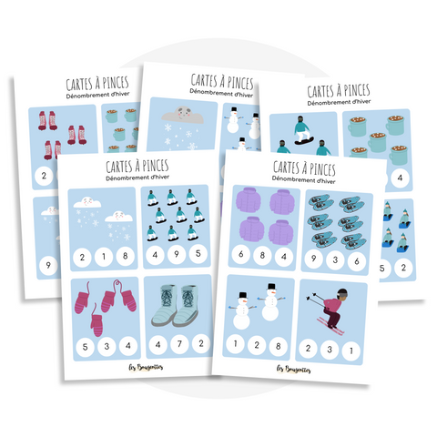 Activité éducative à imprimer: cartes à pince sur le thème de l'hiver pour enfant de 4 ans et plus