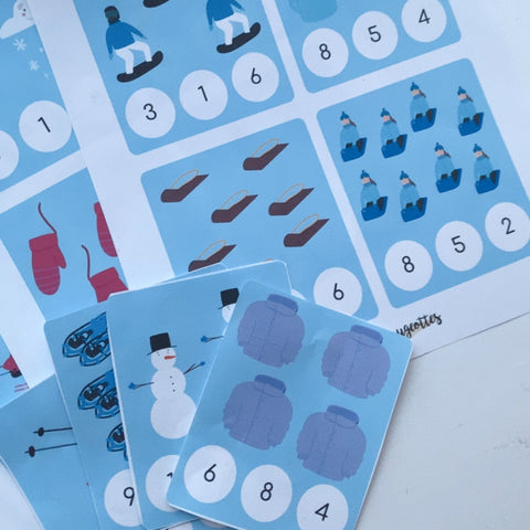 Activité éducative à imprimer: cartes à pince sur le thème de l'hiver (manteau, traineau, glissage) pour enfant de 4 ans et plus