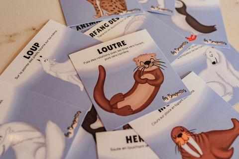 Plusieurs cartes d'apprentissage animaux polaires (loutre, loup hargranf, ours) étalées sur une surface plane.