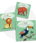 Cartes d’apprentissage actives sur le thème des animaux de la jungle (lion, éléphant, toucan) pour pauses actives dès 2 ans