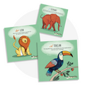 Cartes d’apprentissage actives sur le thème des animaux de la jungle (lion, éléphant, toucan) pour pauses actives dès 2 ans