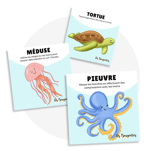 Cartes d’apprentissage actives sur le thème des animaux marins (méduse, tortue, pieuvre) pour pauses d'auto-massage dès 2 ans