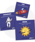 Cartes d’apprentissage actives sur le thème de l’espace (soleil, astronaute, fusée) pour pauses actives dès 2 ans