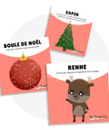 Cartes d’apprentissage actives bilingues Noël (boule, sapin, renne) dès 2 ans pour pauses actives debout.