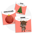 Cartes d’apprentissage actives bilingues Noël (boule, sapin, renne) dès 2 ans pour pauses actives debout.
