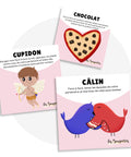 Cartes d’apprentissage actives Saint-Valentin (chocolat, cupidon, câlin) dès 4 ans pour pauses actives en duo.