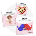 Cartes d’apprentissage actives Saint-Valentin (chocolat, cupidon, câlin) dès 4 ans pour pauses actives en duo.