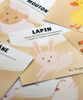 Cartes d’apprentissage animaux de la ferme (lapin, mouton, âne) dès 18 mois pour pauses actives. 