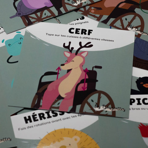 Cartes d’apprentissage actives thématiques animaux de la forêt (cerf, hérisson, couleuvre) pour pauses actives pour les enfants à mobilité réduite. 