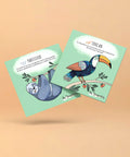 Cartes d’apprentissage actives jungle (toucan, paresseux) pour pauses actives dès 2 ans.