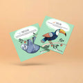 Cartes d’apprentissage actives jungle (toucan, paresseux) pour pauses actives dès 2 ans.