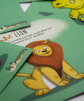 Cartes d’apprentissage actives jungle (lion, rhinocéros) pour pauses actives dès 2 ans.