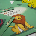 Cartes d’apprentissage actives jungle (lion, rhinocéros) pour pauses actives dès 2 ans.