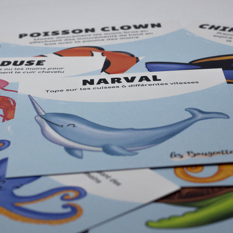 Cartes d’apprentissage actives thème animaux marins avec le narval pour le retour au calme par l'auto-massage dès 4 ans. 