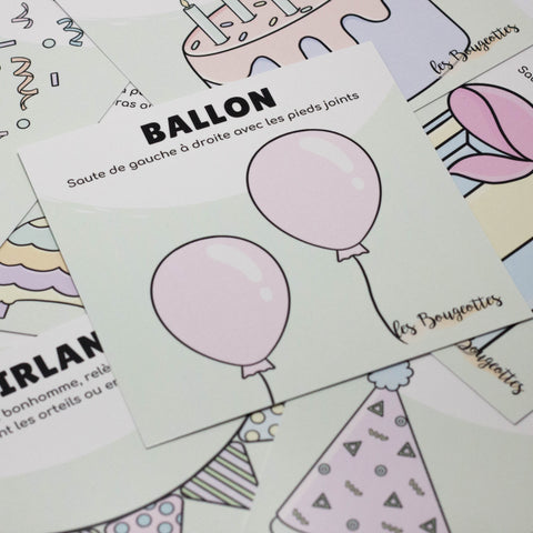 Cartes d’apprentissage actives thématiques anniversaire (ballon, guirlande, cadeau) pour pauses actives dès 18 mois.