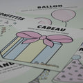 Cartes d’apprentissage actives thématiques anniversaire (cadeau, ballon, confettis) pour pauses actives dès 18 mois
