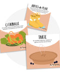 Cartes d’apprentissage actives été (tarte, citrouille, bottes de pluie) dès 4 ans pour pauses actives favorisant la coordination.