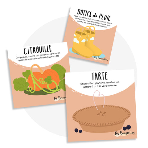 Cartes d’apprentissage actives été (tarte, citrouille, bottes de pluie) dès 4 ans pour pauses actives favorisant la coordination.