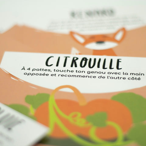 Cartes d’apprentissage actives été (citrouille, renard) dès 4 ans pour pauses actives favorisant la coordination.