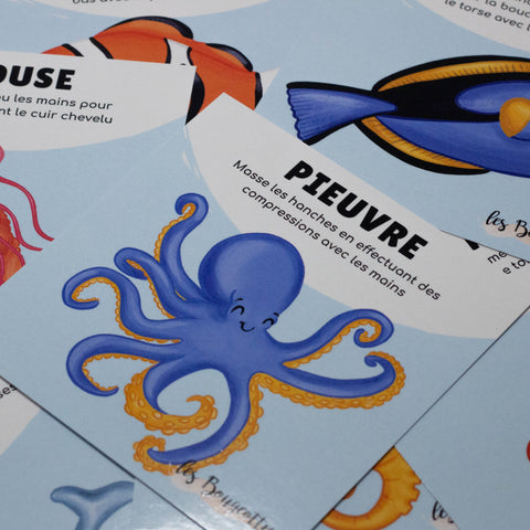 Cartes d’apprentissage actives thème animaux marins avec la pieuvre pour le retour au calme par l'auto-massage dès 4 ans. 