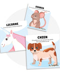Cartes d’apprentissage bilingues animaux méli mélo (chien, souris, licorne) dès 2 ans pour pauses actives. 