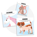 Cartes d’apprentissage bilingues animaux méli mélo (chien, souris, licorne) dès 2 ans pour pauses actives. 