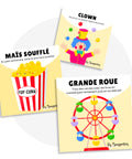Cartes d’apprentissage carnaval bilingues (clown, maïs soufflé, grande roue) dès 2 ans pour pauses actives. 