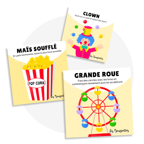 Cartes d’apprentissage carnaval bilingues (clown, maïs soufflé, grande roue) dès 2 ans pour pauses actives. 