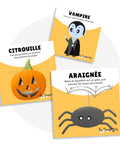 Cartes d’apprentissage actives bilingues halloween (citrouille, vampire, araignée) dès 2 ans pour pauses actives.