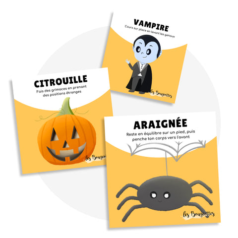 Cartes d’apprentissage actives bilingues halloween (citrouille, vampire, araignée) dès 2 ans pour pauses actives.