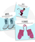 Cartes d’apprentissage actives bilingues hiver (ski, bottes, mitaines) dès 2 ans pour pauses actives debout.