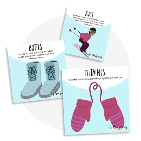 Cartes d’apprentissage actives bilingues hiver (ski, bottes, mitaines) dès 2 ans pour pauses actives debout.