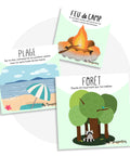 Cartes d’apprentissage actives sur le thème du camping (feu de camp, forêt, plage) pour pauses actives dès 2 ans