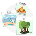 Cartes d’apprentissage actives sur le thème du camping (feu de camp, forêt, plage) pour pauses actives dès 2 ans