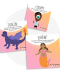 Cartes d’apprentissage créatures fantastiques bilingues (cyclope, dragon, sirène) dès 2 ans pour pauses actives. 