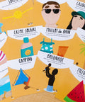 Cartes d’apprentissage actives été (crème solaire, camping, melon) dès 4 ans pour pauses actives d’équilibre.