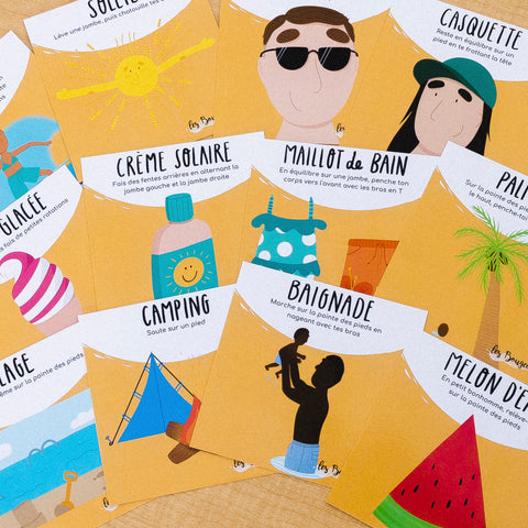 Cartes d’apprentissage actives été (crème solaire, camping, melon) dès 4 ans pour pauses actives d’équilibre.