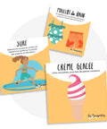 Cartes d’apprentissage actives été (maillot de bain, surf, crème glacée) dès 4 ans pour pauses actives d’équilibre.