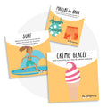 Cartes d’apprentissage actives été (maillot de bain, surf, crème glacée) dès 4 ans pour pauses actives d’équilibre.