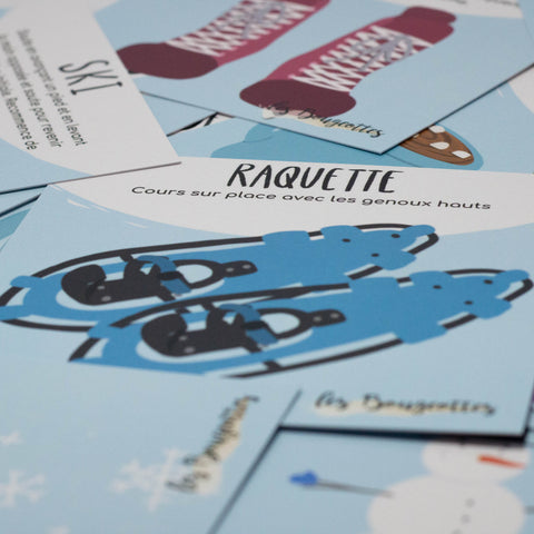 Cartes d’apprentissage actives thématiques hiver (raquette, patin, bonhomme de neige) pour pauses actives ludiques et langage des enfants.